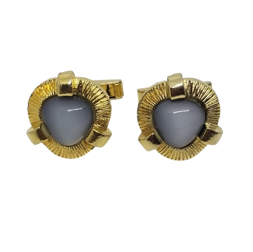 Vintage Made In Usa Goldplated  Glass Moonstone Mens Cufflinks
